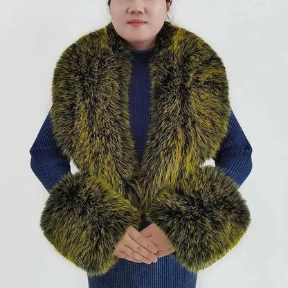 Large Winter Faux Fox Fur Scarf Women Jackets Warm Fluffy Shawl Fashion Artificial Fur Collar And Cuff Set Fluffy Scarves Female