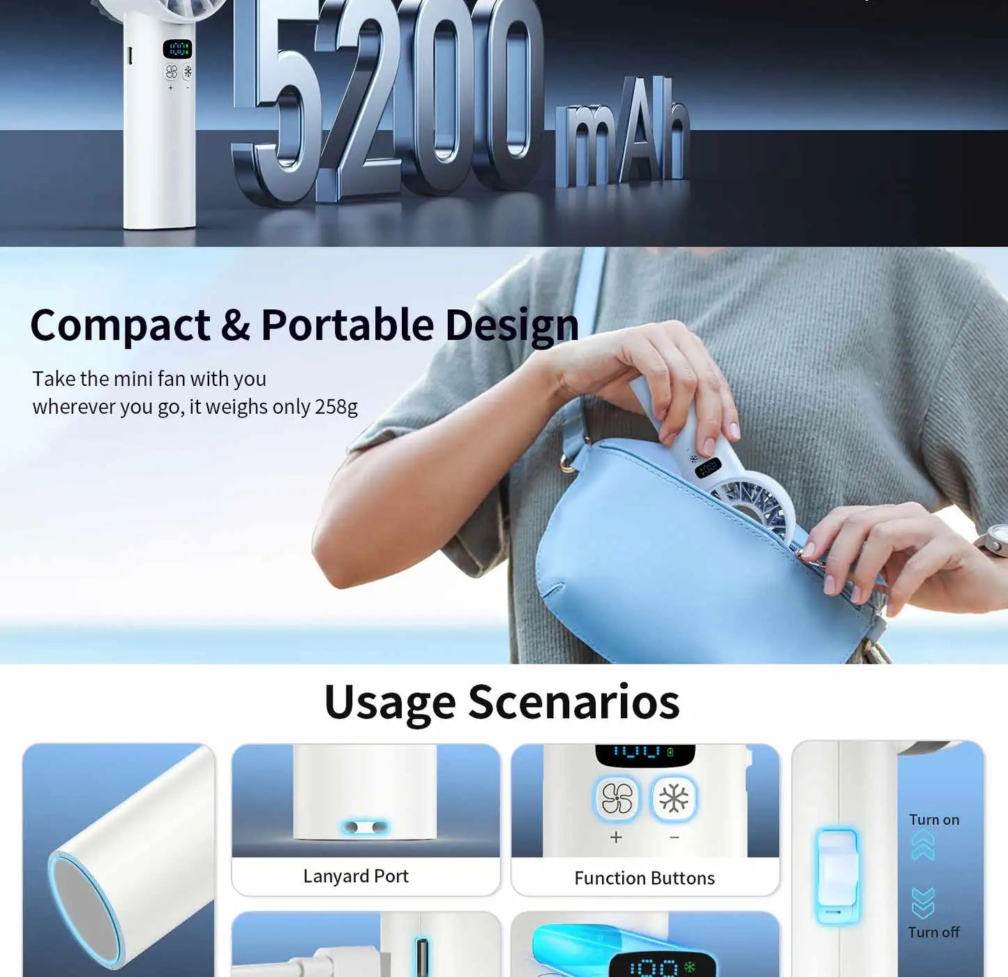 Large capacity handheld fan 5200 mAh High speed refrigeration handheld fan 100 speed outdoor mini fan USB charging portable fan