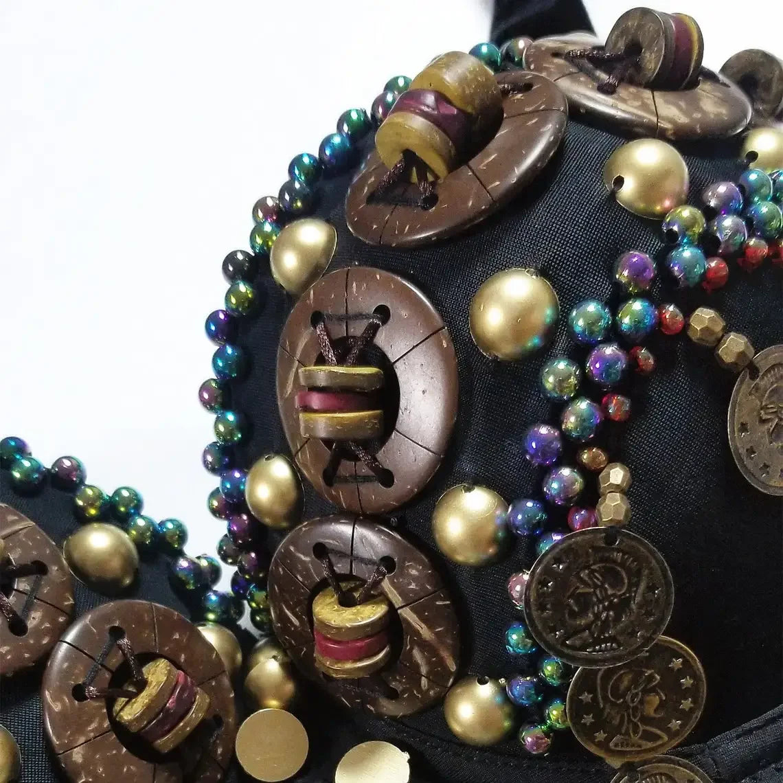 Vintage Gypsy Bra Tribal Belly Dance Push Up Bra Wooden Beads Top with Swags and Turquoise Medallion