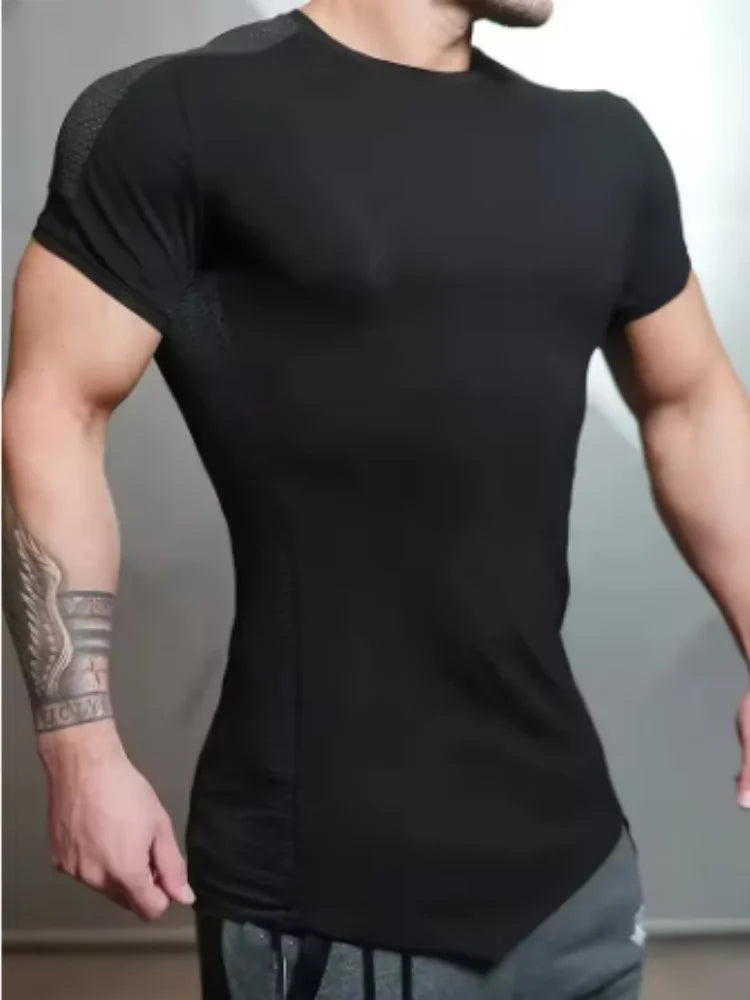 2025 Male Fitness T-shirt Summer Men's Athleisure Workout short sleeve T-shirt Compress quick-dry Men T-shirt Gym Sports Tops - AMULET RING STORE