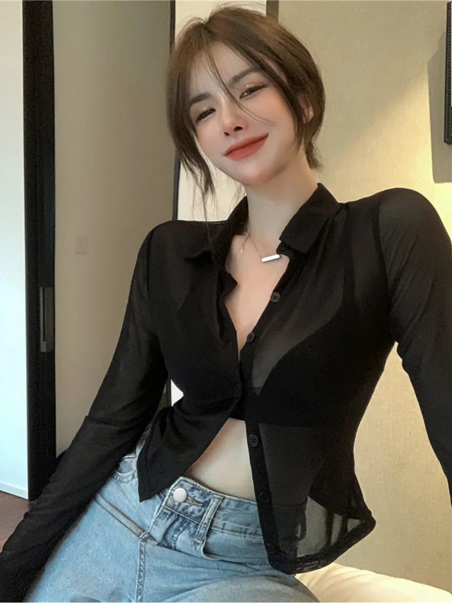 Bla Lace irt Sexy Thin Sun Protection Women's Summer New Pure Desire Versatile Slim ort Top Korean Sle Collar Lo... - AMULET RING STORE