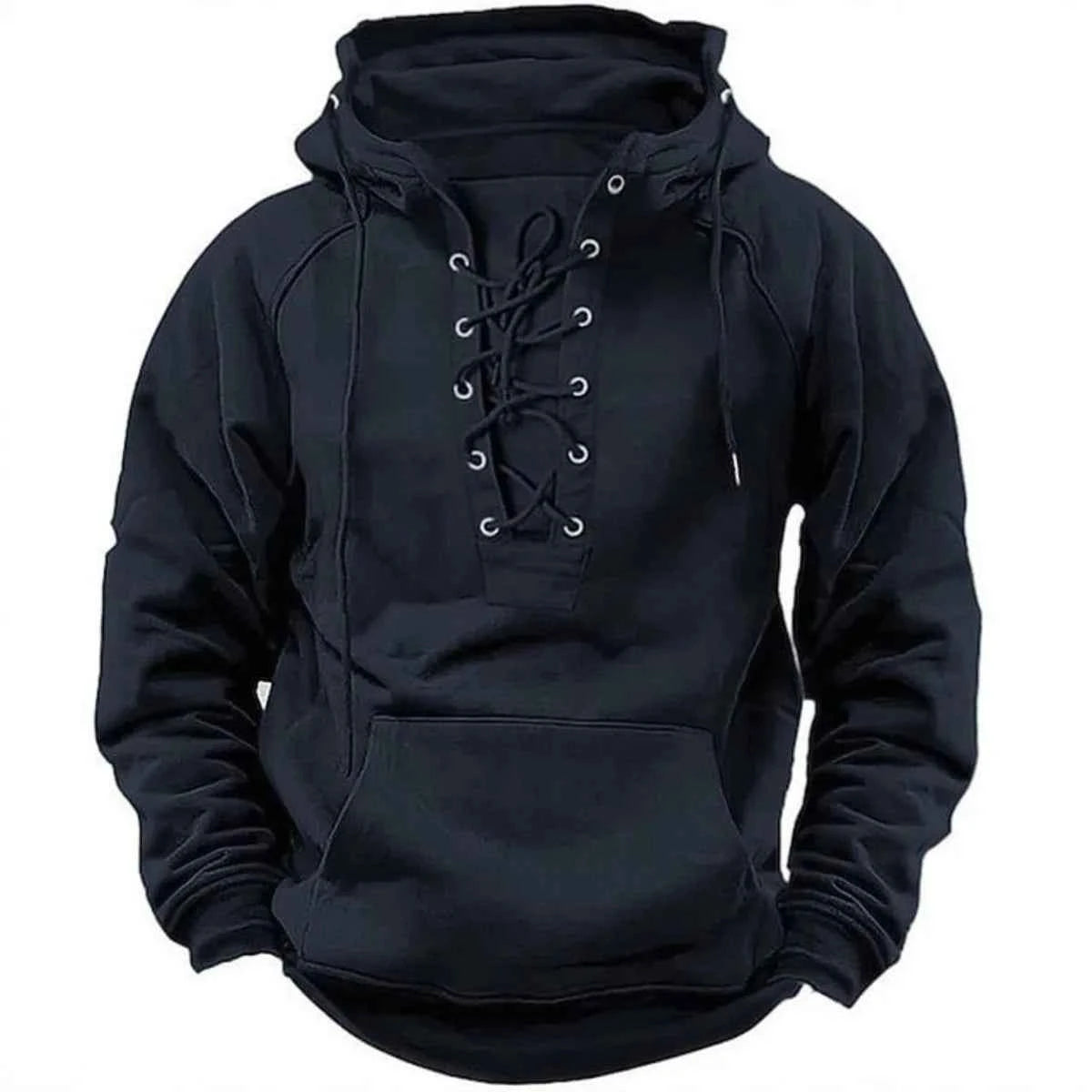 2025 Men's Autumn Winter Outdoor Casual Jacket: Retro Lace-Up, Loose Fit, Pure Color Long Sleeve Hooded Sweatshirt