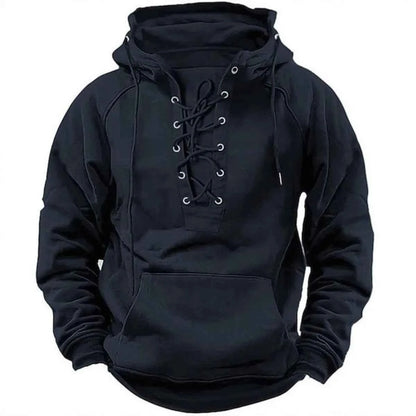 2025 Men's Autumn Winter Outdoor Casual Jacket: Retro Lace-Up, Loose Fit, Pure Color Long Sleeve Hooded Sweatshirt