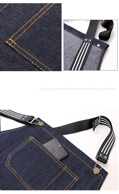 Hairstylist Denim Apron With Wide Shoulder Straps Comfortable Workwear Casual Fashionable Stain Resistant Men and Women Apron - AMULET RING STORE