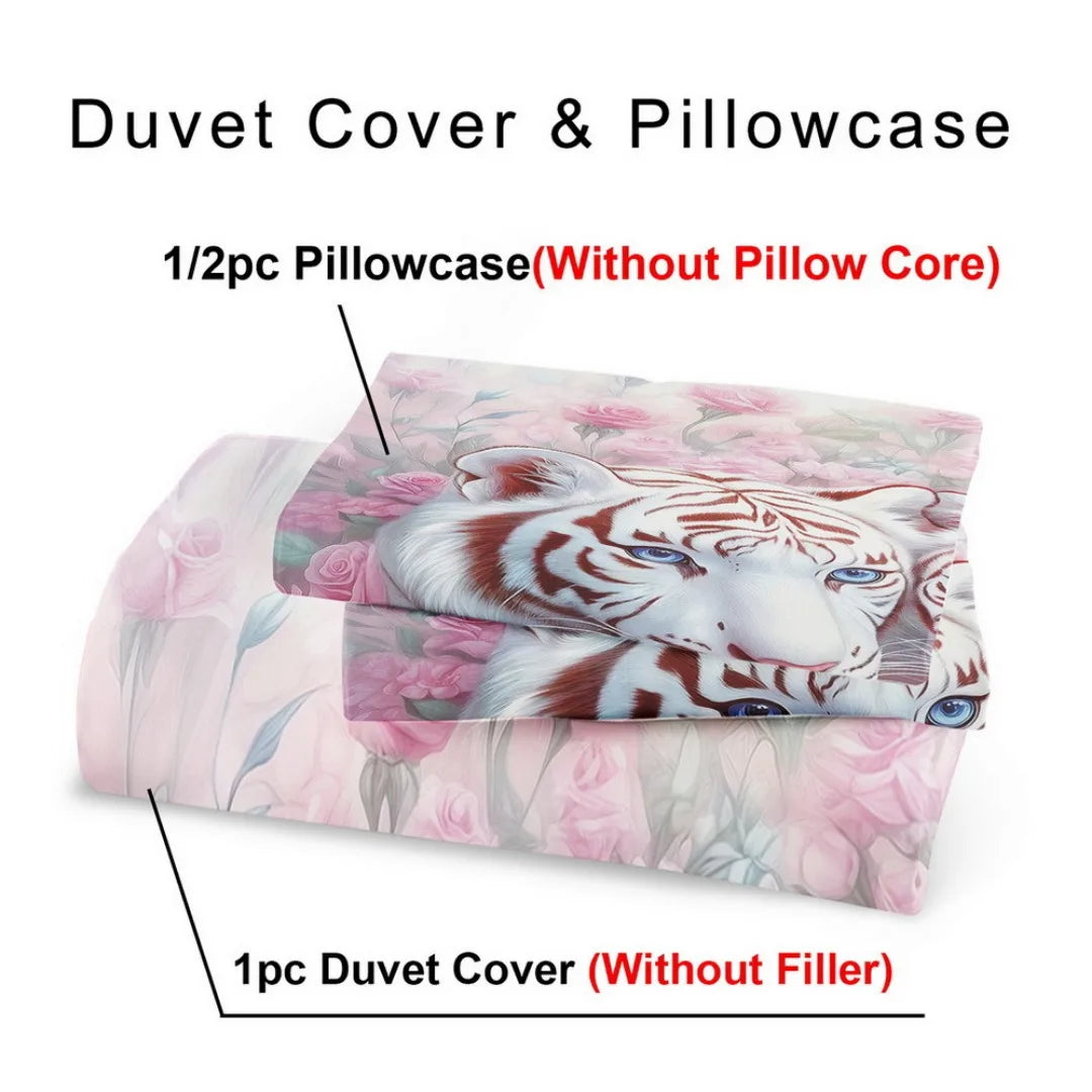 3pcs Fashion Bedding Set Tiger Pink Rose Digital Print Comfortable Breathable Duvet Cover King Queen Twin Single Size for Gift