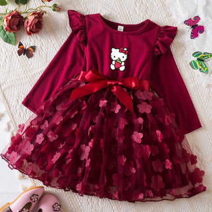 Hello Kitty Autumn Dress for Kid's Casual Clothes 3D Butterfly Cute Long Sleeve Baby Girls Princess Dress Party Dresses 2-6 Yrs
