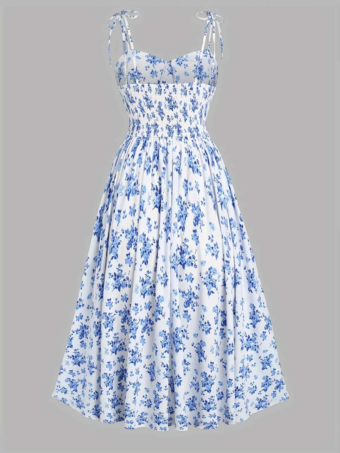 2024 European and American fashion plus size women's new flower print A-line skirt bow tie slit dress