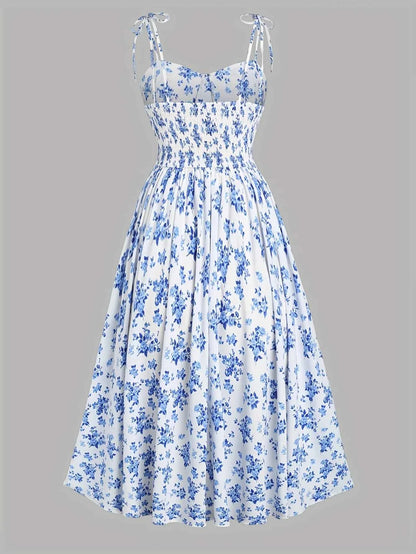 2024 European and American fashion plus size women's new flower print A-line skirt bow tie slit dress