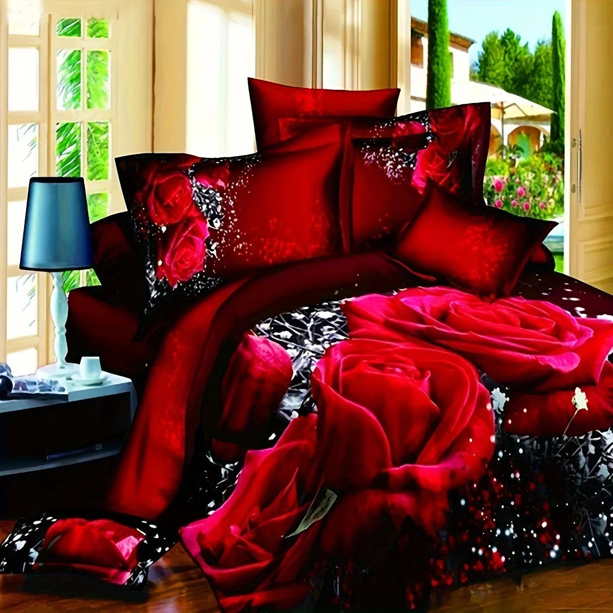 2/3pcs Duvet Cover Set, Red Rose Print Bedding Set, Soft Comfortable Duvet Cover, (1*Duvet Cover + 1/2*Pillowcase, Without Core) - AMULET RING STORE