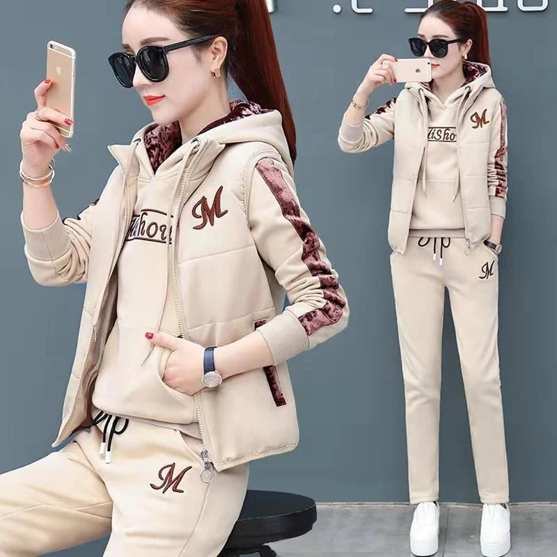 Women's Fashion Plush Thickened Sweat Suit 2025 Autumn Winter New Casual Hooded Tops Waistcoat Pants 3 Three Piece Set For Women