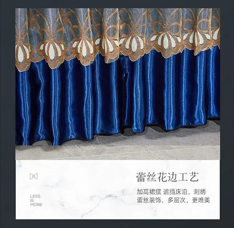 3Pcs/Lot Double Bed Sheet Set Classic Lace Royal Blue Bed Sheet Bed Skirt