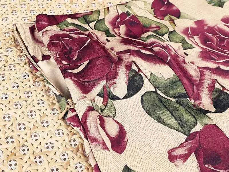 Rose Floral Print Vintage Elegant Chic A-line High Waist Trumpet Women's Skirt Mid-Calf Long Skirts For Women Clothing Fashion