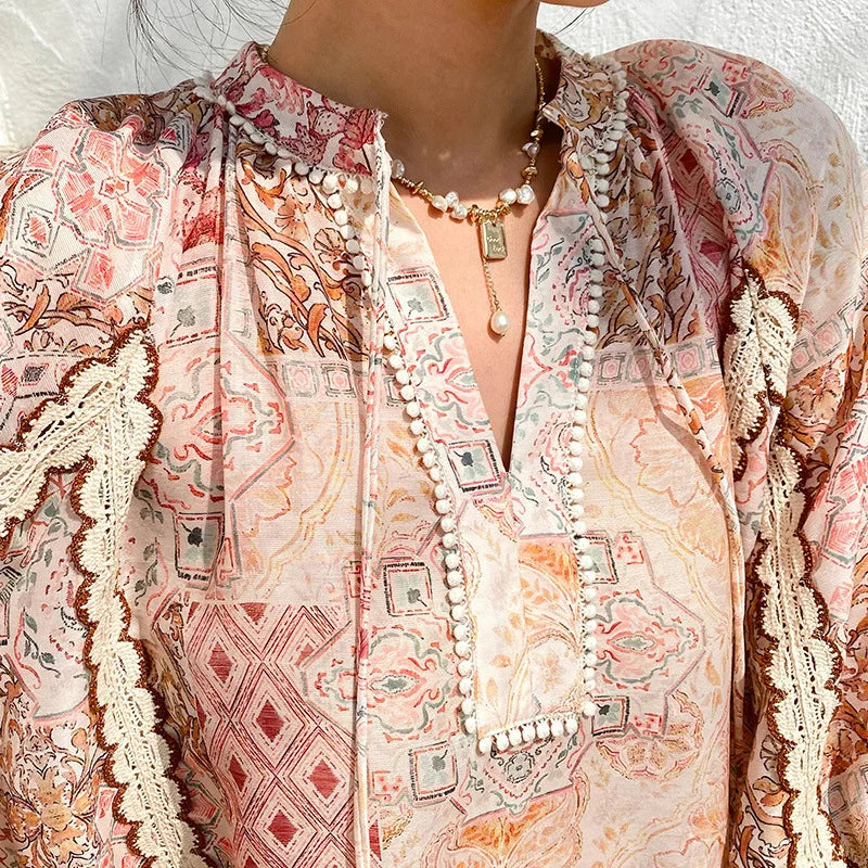 Boho Flrench Chic Floral Blouse Shirt Printed Summer Loose Lace Hollow Out Sexy Ladies Vocation Women Long Sleeve Top Shirts New