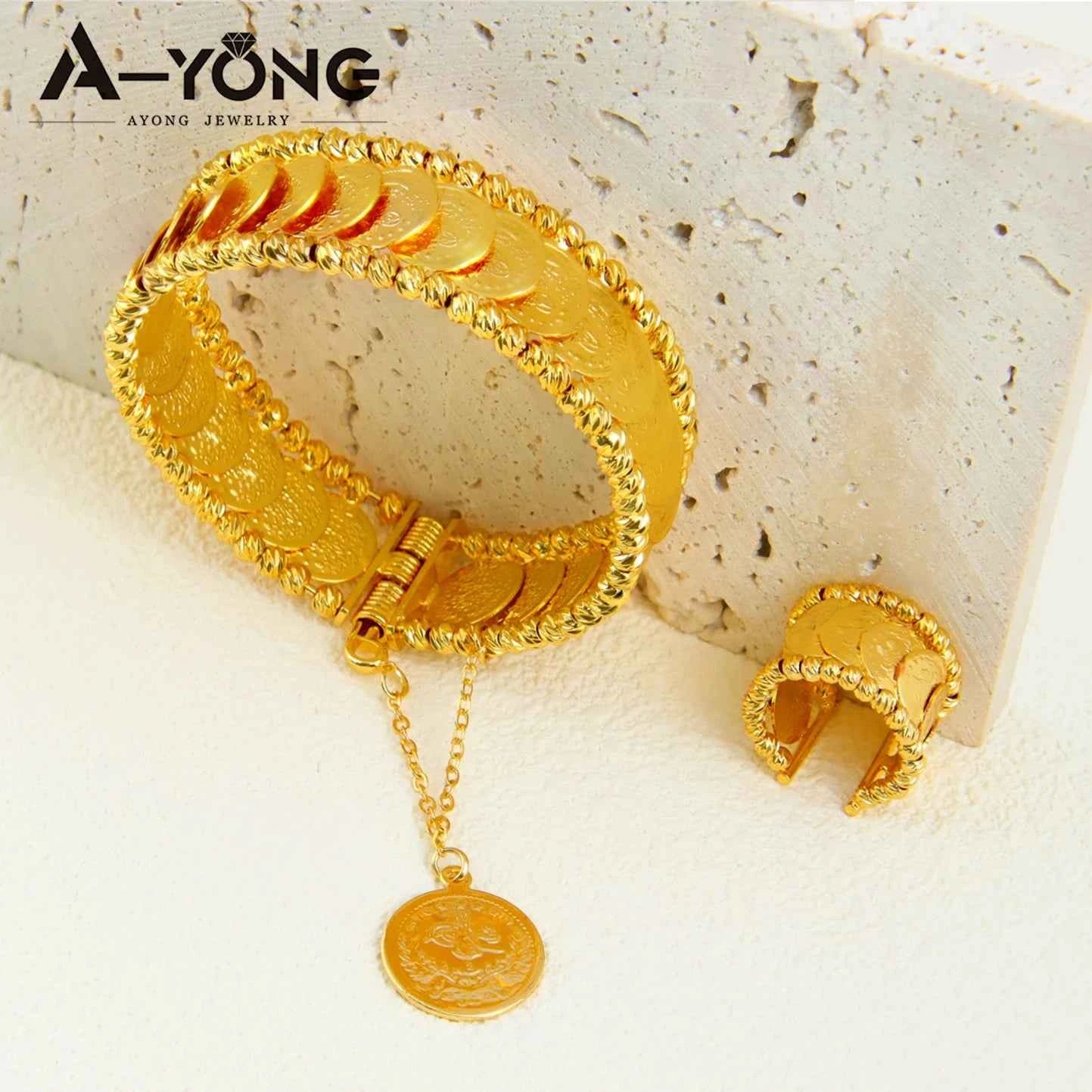 Luxury Turkish Coins Charm Jewelry Set 24k Gold Plated Kurdish Muslim Bridal Open Bangles Ring Middle Eastern Vintage Jewelrys