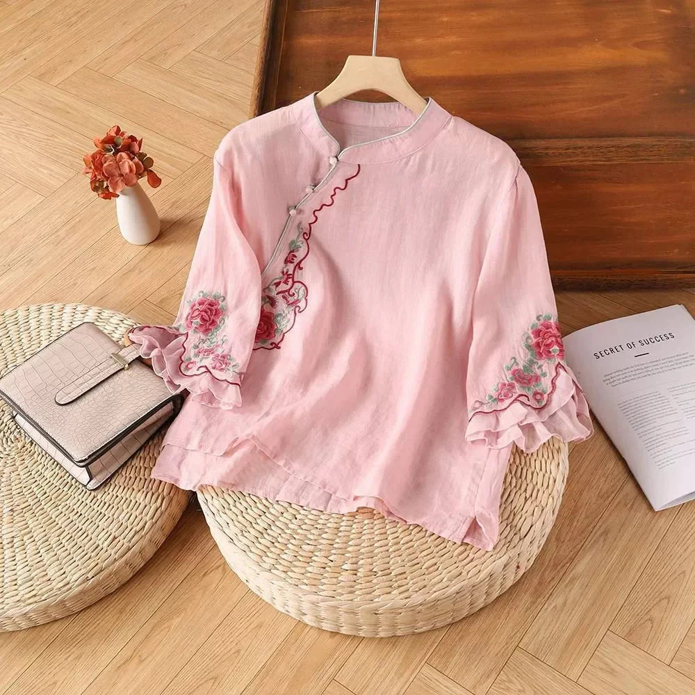Casual Loose Blouse Shirt Women Clothes Summer Cotton Linen Ladies Tops Tee Blusas Vintage Embroidery Woman Shirt Camiseta Mujer