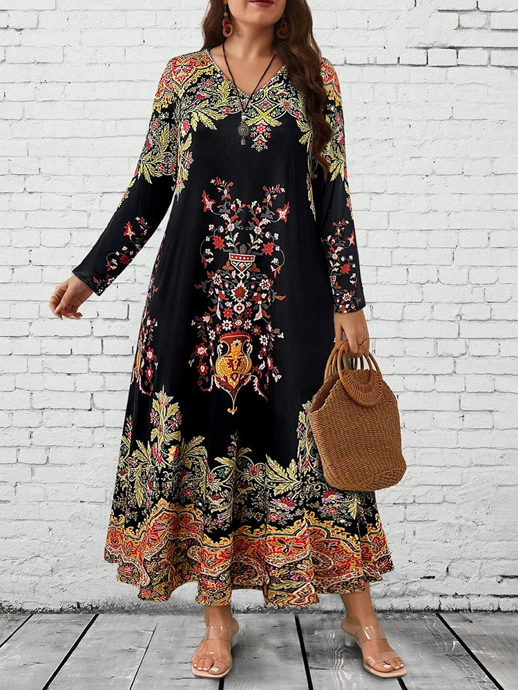 Plus Size Women's Boho Floral Maxi Dress, Long - Sleeve V - Neck, Ethnic Print