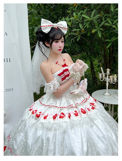 Sweet Princess Style Birthday Anniversary Wedding Dress New Lolita Cute Bow Sexy Strapless Girl Temperament Puffy Lace Dresses