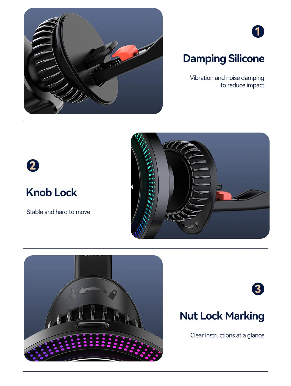 Rocoren Magnetic Car Phone Holder Fast Charging Wireless Charger With RGB light Magnet Car Stander For iPhone 15 14 13 Pro Max