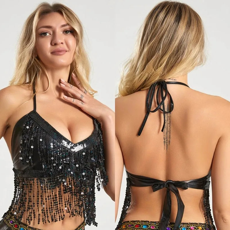 Women Belly Dance Tassel Crop Top Sequin Halter Top Bandage Tank Top Strappy Backless Tube Sleeveless Vest Hot Beach Shinny Top - AMULET RING STORE