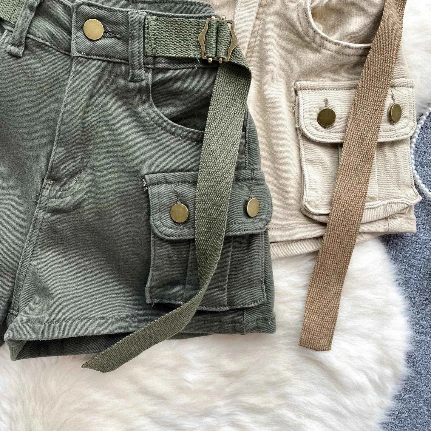 Women's Summer High Waisted Stretchy Denim Shorts Korean Cargo Style Slim Fit Ultra Short Hot Pants with Large Pockets for Dance