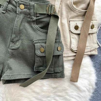 Women's Summer High Waisted Stretchy Denim Shorts Korean Cargo Style Slim Fit Ultra Short Hot Pants with Large Pockets for Dance