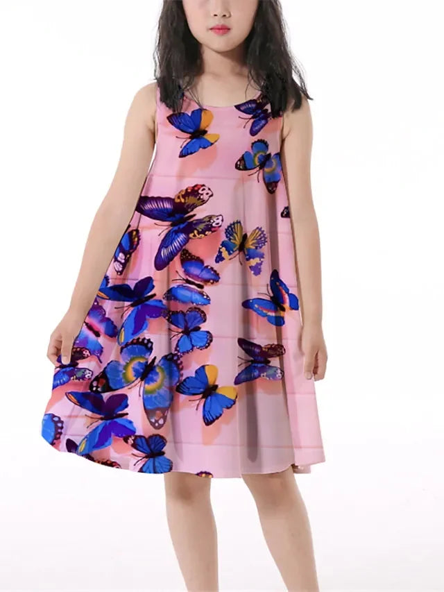 Children's Clothing Butterfly Round Neck Sleeveless Dress Off Shoulder Knee Length - AMULET RING STORE