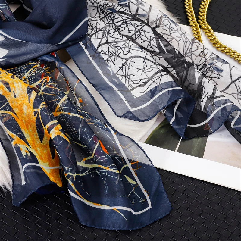 45*155cm Print Design Women Silk Scarf Shawl Elegant Headscarf Convinient Bandage Hijabs Chiffon Muslim Wrap Scarves - AMULET RING STORE