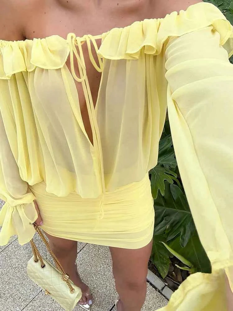 Sisterlinda Ruched Elegant Dress Women Sexy Hollow Ruffles Shirring Slash Neck Backless Puff Sleeve Street Fashion Mini Bodycon