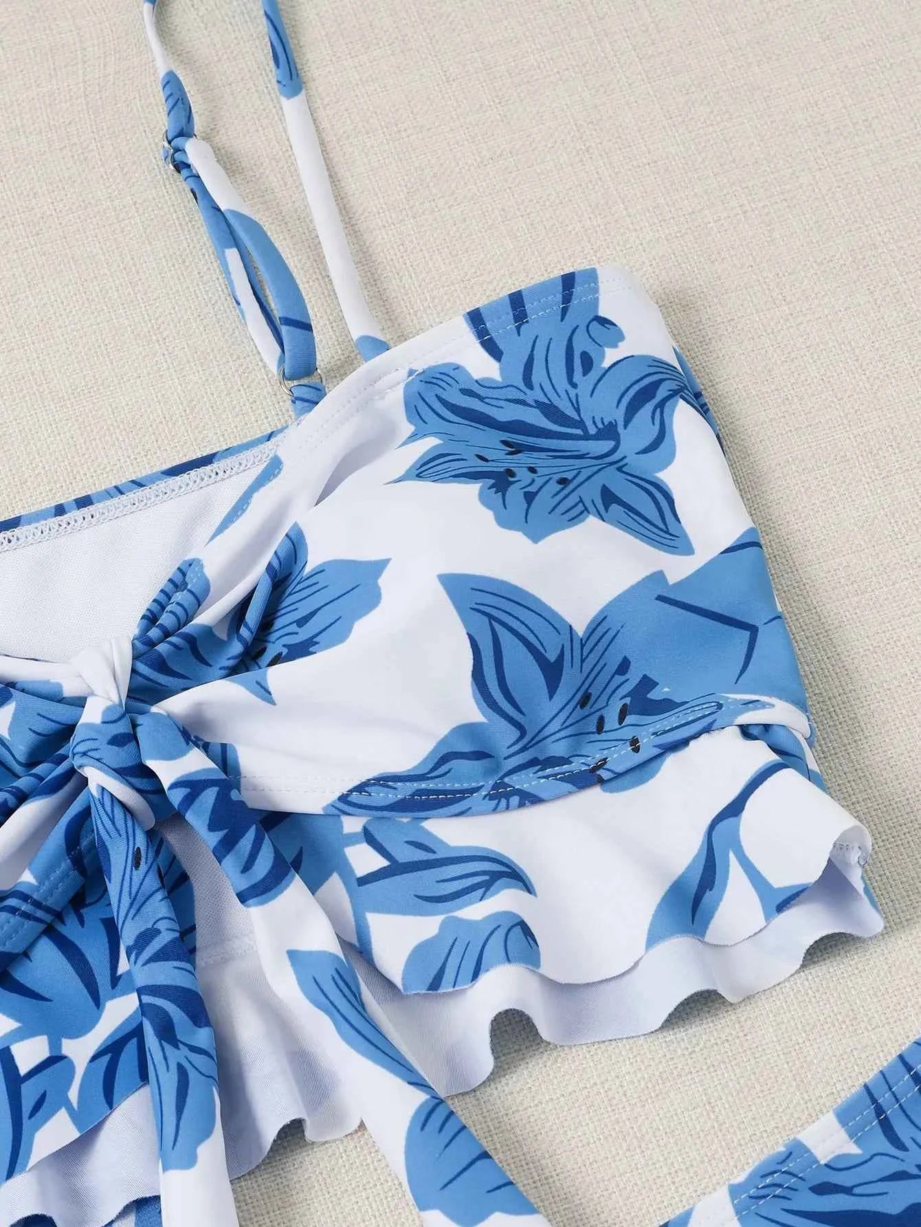3 Pieces Floral Print Knot Front Bikinis 2025 Women Ruffle Swimwear Female High Waist Swimsuit With Beach Skirt Bathing Suit