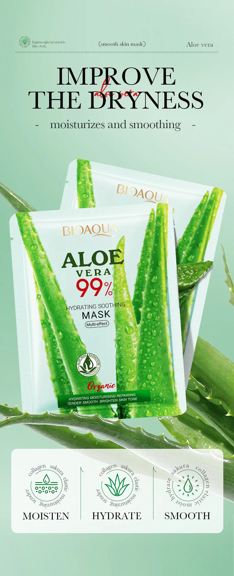 5/10pcs BIOAQUA Aloe Vera Moisturizing Facial Masks for Face Skin Soothing Brightening Firming Hydrating Facial Masks Skin Care - AMULET RING STORE