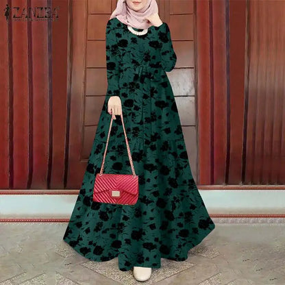 Women Vintage Long Sleeve Floral Printed Sundress Muslim Long Dress Turkey Abaya ZANZEA Eid Mubarek Robe IsIamic Hijab Vestido - AMULET RING STORE