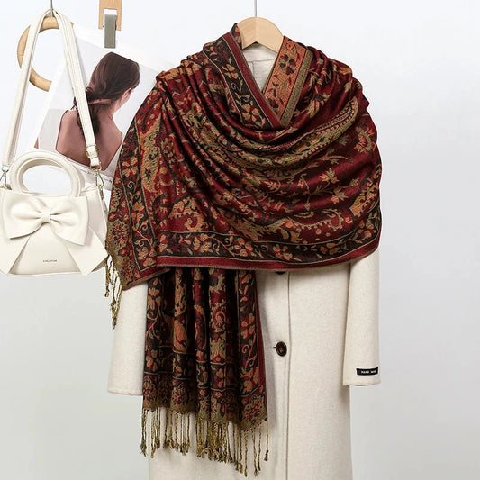 Luxury Pashimina Embroidery Muslim Hijab for Women Winter scarf Pareo Cape Warm Chunky Heaqdscarf Blue Lady Elegant Poncho - AMULET RING STORE