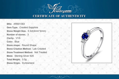 JewelryPalace Created Blue Sapphire 925 Sterling Silver 3 Stones Promise Ring for Women Fashion Gemstone Jewelry Wedding Gift