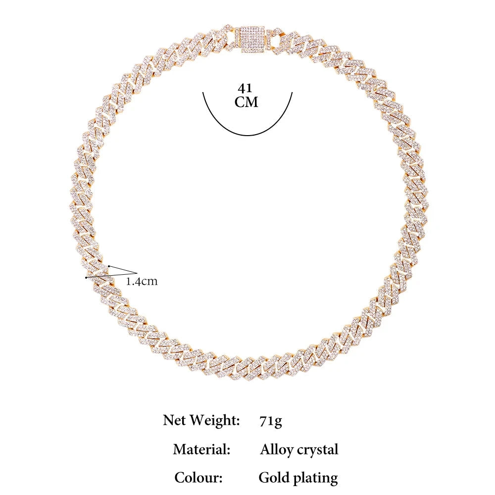 Iced Out Bling AAA Rhinestones Prong Cuban Link Chain Men's Necklace 2 Row Crystal Curb Cuban Chain Hip Hop Jewelry 13/14/20MM - AMULET RING STORE