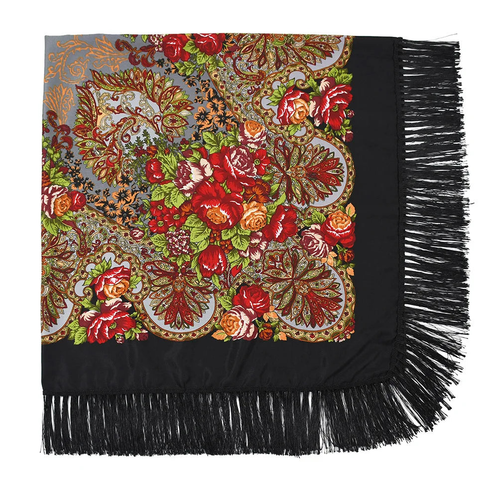 Russian Scarf Head Wrap for Women Luxury Ukrainian Manila Shawls Folk Cotton 160cm National Shawl Floral Print Travel Bandana - AMULET RING STORE