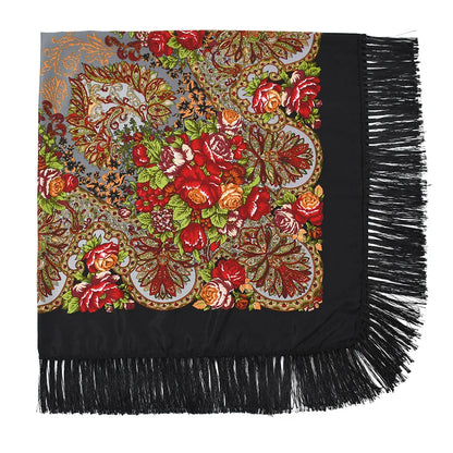 Russian Scarf Head Wrap for Women Luxury Ukrainian Manila Shawls Folk Cotton 160cm National Shawl Floral Print Travel Bandana - AMULET RING STORE