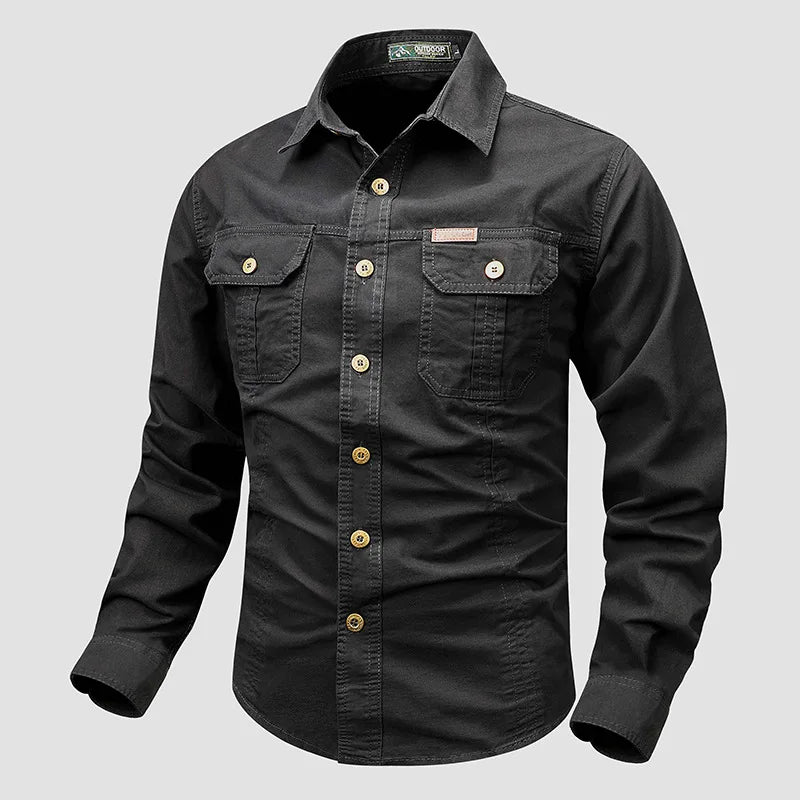 Retro Cargo style Men's Long Sleeve Shirt With Pocket Design, Men'sCasual Button Up Shirt For Spring Fall Qutdoo