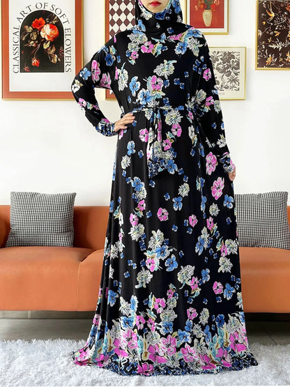 2025 Floral Ramadan Muslim Dress Solid Color Khimar Kaftan Abaya Robe with Attached Hijab Middle East Prayer Garment for Women - AMULET RING STORE