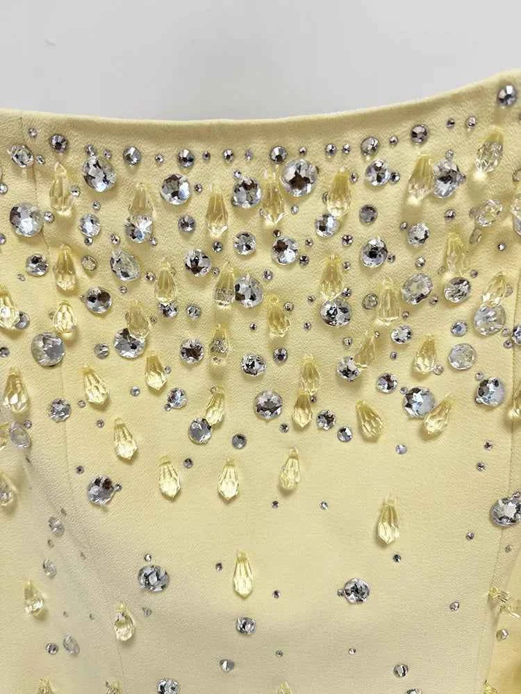 HIGH QUALITY Newest Fashion 2025 Designer Vestido Women's Square Collar Beading Diamonds Long Sleeve Maxi Dress