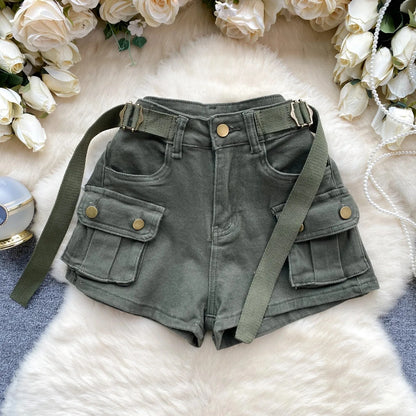 Women's Summer High Waisted Stretchy Denim Shorts Korean Cargo Style Slim Fit Ultra Short Hot Pants with Large Pockets for Dance