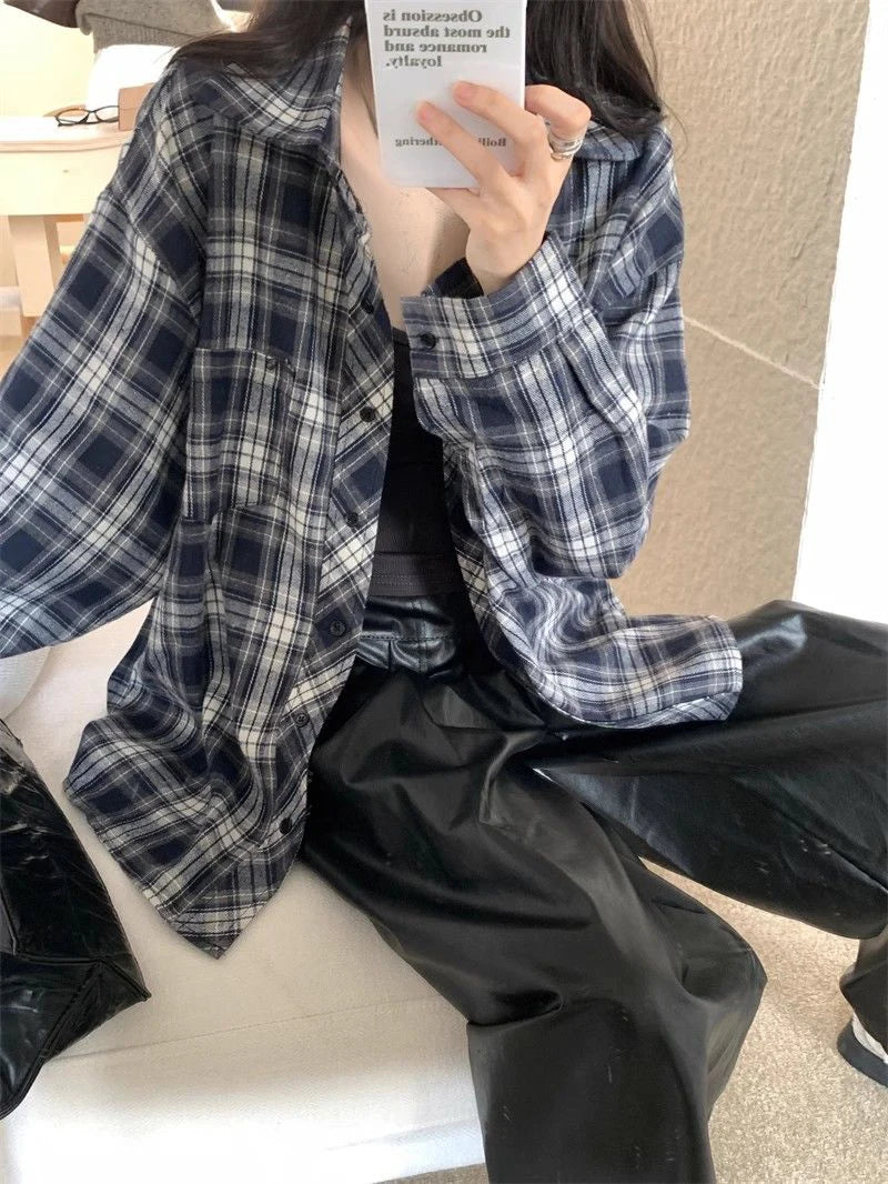 Zoki American Y2K Plaid Shirt Women Loose Streetwear Long Sleeve Vintage Blouse Casual Oversize All Match Female Spring Tops New - AMULET RING STORE