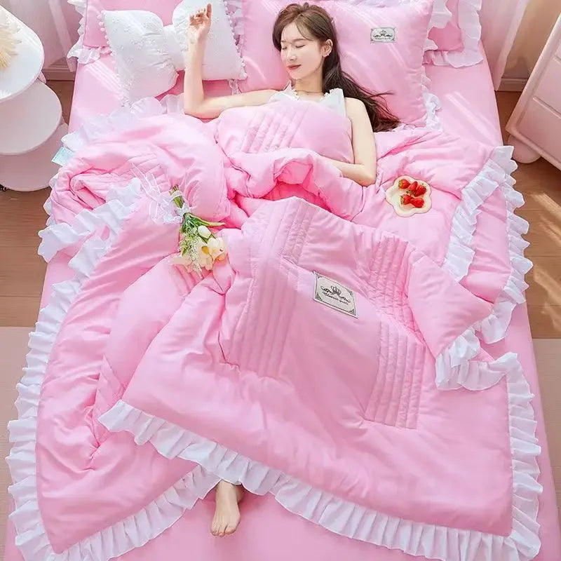 1/3Pc Korean Princess Ruffles Flowers Embroidery Summer Quilt Bedspread on The Bed Quilt Air-conditioning Blanket Bedding Set