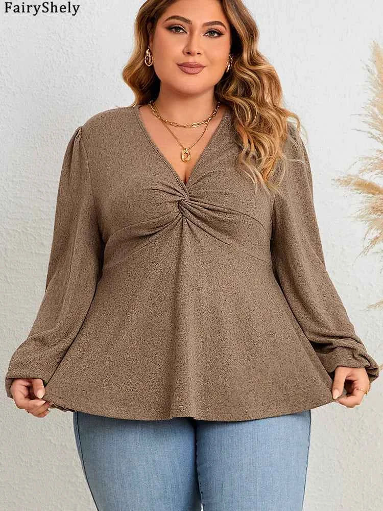Fairyshely 2025 Spring Autumn V Neck Plus Size Top Women Long Sleeve Loose Large T-shirt Lady Brown Casual Curvy Pullover Tops