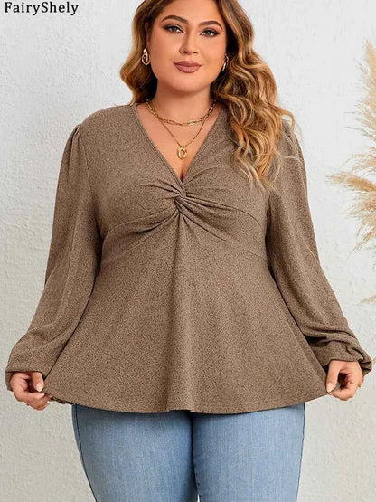 Fairyshely 2025 Spring Autumn V Neck Plus Size Top Women Long Sleeve Loose Large T-shirt Lady Brown Casual Curvy Pullover Tops
