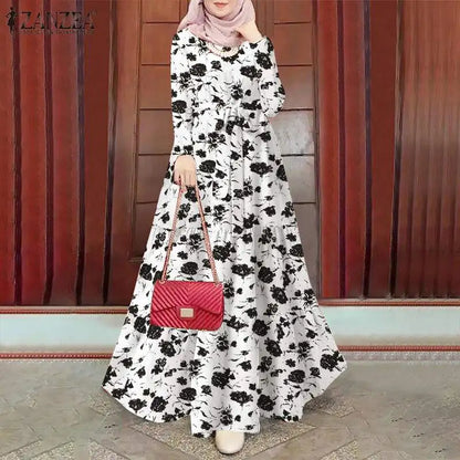 Women Vintage Long Sleeve Floral Printed Sundress Muslim Long Dress Turkey Abaya ZANZEA Eid Mubarek Robe IsIamic Hijab Vestido - AMULET RING STORE