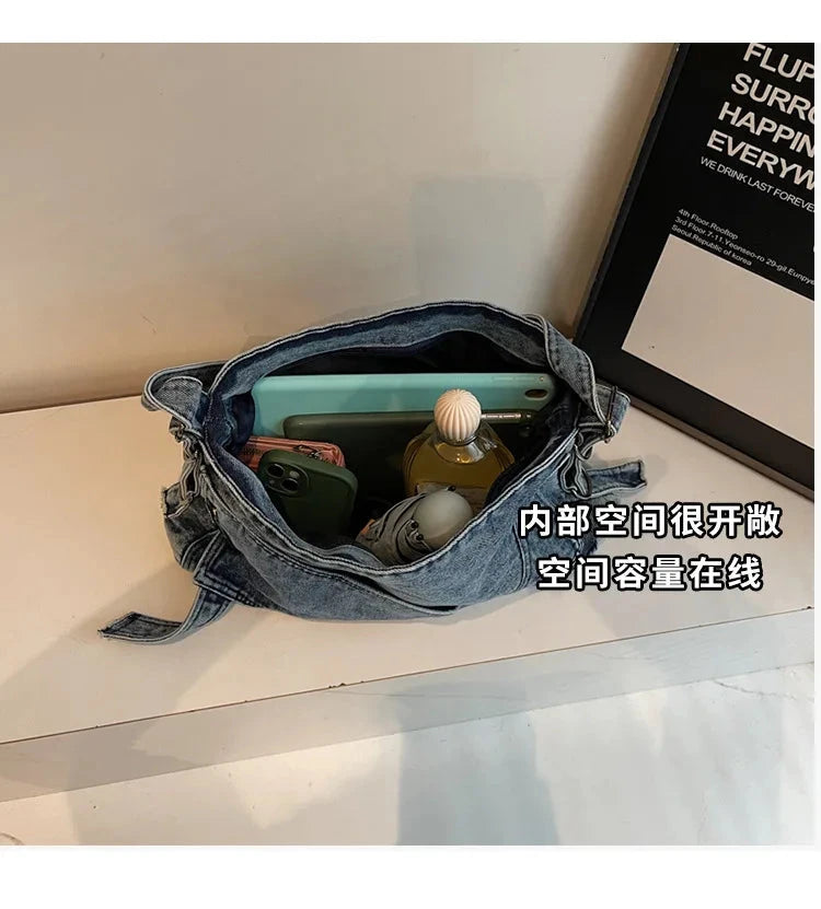 2025 New Women's Denim Tote Bag - Retro Crossbody Shoulder Bag with Large Capacity for Work & Commute, Fashionable Denim Handbag