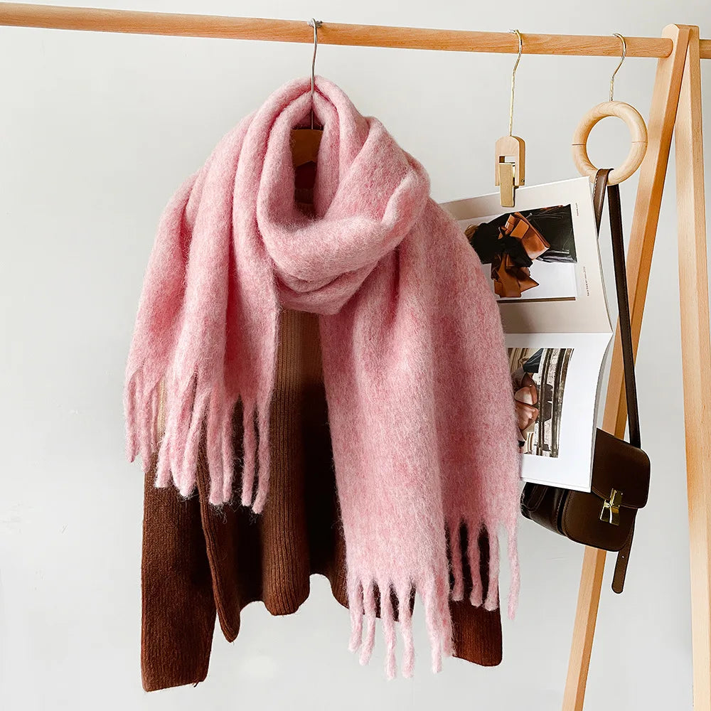 Korean Version Stylish Solid Scarf Women Men Autumn Winter Wool Blend Soft Pulled Mufller Female Male Versatile Pink Shawl Girl