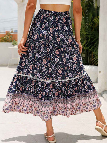 Women Long Skirt Elegant Elastic Waist Floral Flowy Summer Swing Skirt for Casual Daily