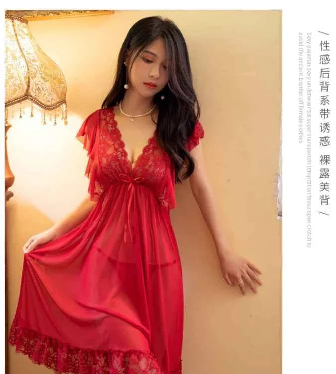 Sexy Sleepwear Women V-neck Nightgown Sexy Nightdress Lace Mesh Pajama Loungewear Summer Dress Nightwear Night Wear