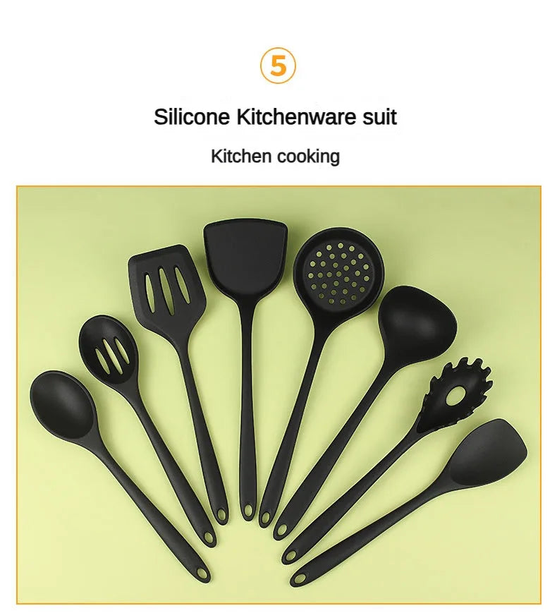 8ps Household black Silicone kitchenware 8-piece set of Chinese spaghetti spoon salad spaghetti spaghetti spaghetti，Rice spoon，